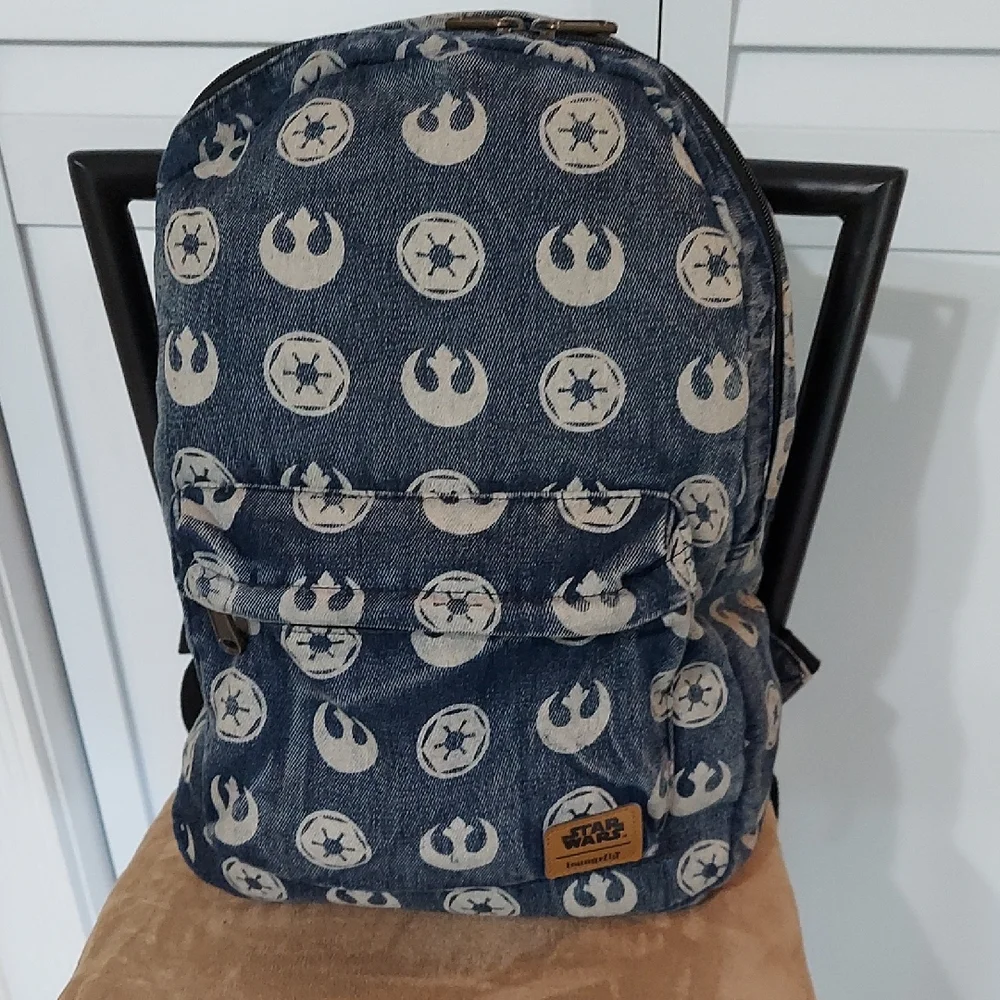 Loungefly Star Wars Backback, Distressed Blue Denim Emblem Pattern, Zip Pockets